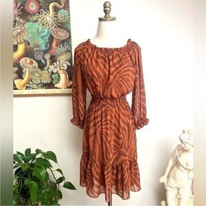 BAR III Smocked Ruffled Chiffon Flounce-hem Off Shoulder Fit + Flare Dress Small